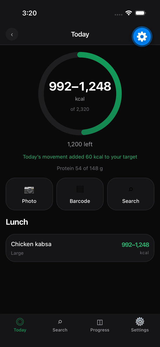 Sahtain daily diary: calorie ring, protein progress, and photo, barcode and search logging