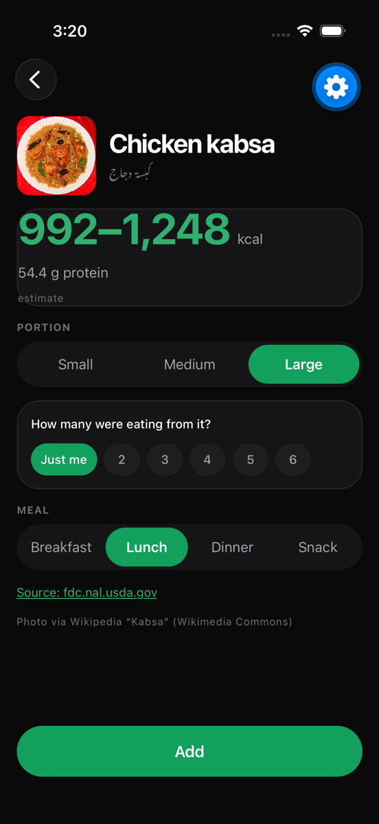 Sahtain dish detail for chicken kabsa: honest calorie range, portion and meal pickers